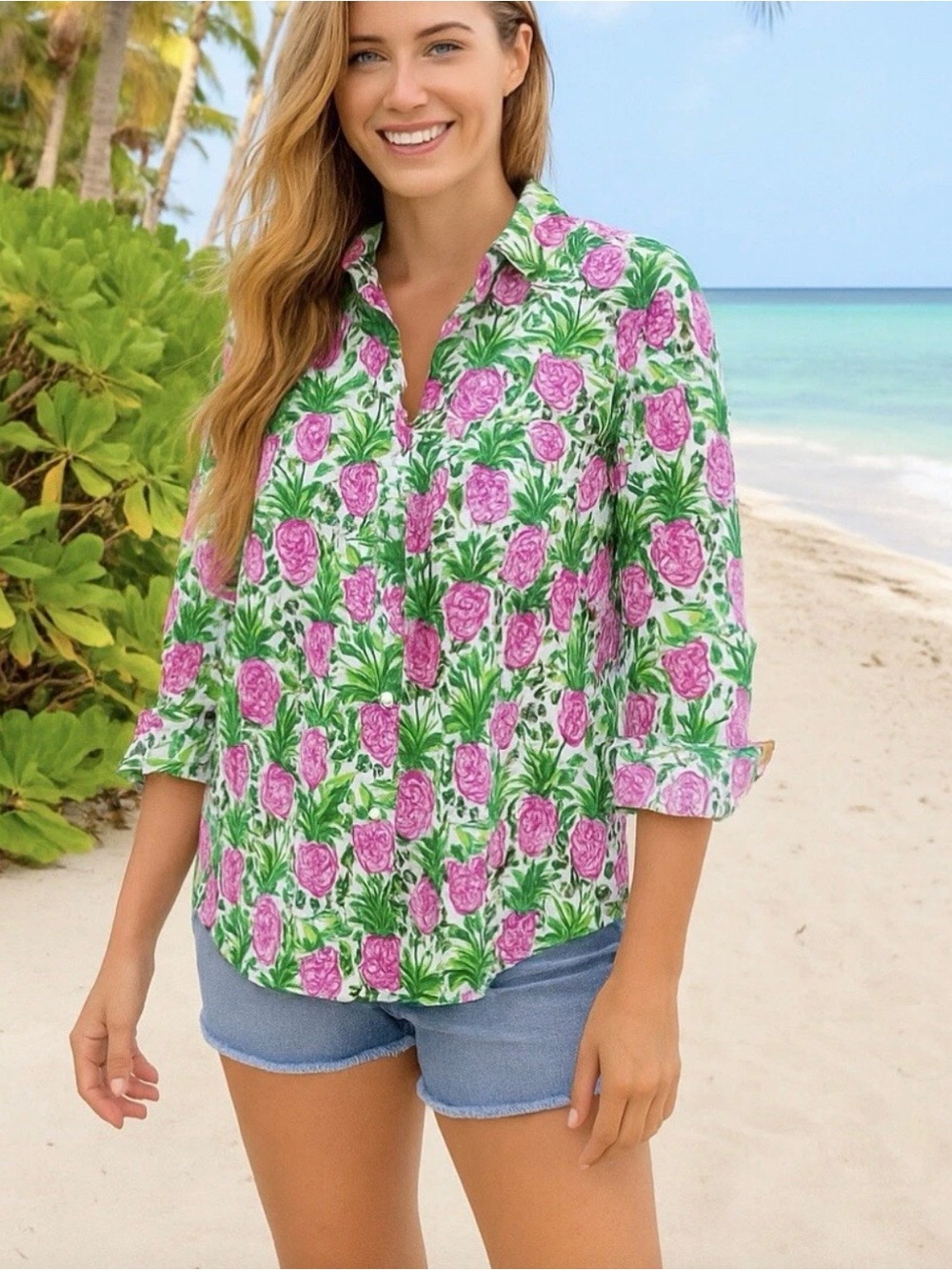 Charter Club Luxury Linen Blend Pineapple Button-Down Shirt in Pink and Green